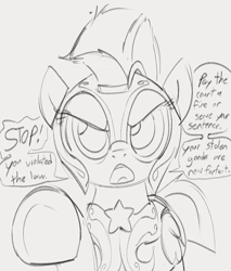 Size: 929x1090 | Tagged: safe, artist:dotkwa, imported from derpibooru, pegasus, pony, angry, armor, dialogue, female, gray background, grayscale, guard armor, guardsmare, mare, meme, monochrome, oblivion, open mouth, pointing at you, royal guard, scowl, simple background, sketch, solo, speech bubble, stop right there criminal scum, the elder scrolls, underhoof