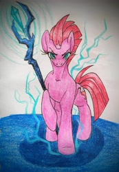 Size: 3720x5367 | Tagged: safe, artist:mintytreble, imported from derpibooru, storm king, tempest shadow, pony, unicorn, my little pony: the movie, atg 2023, lightning, newbie artist training grounds, simple background, thunder, traditional art