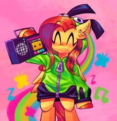 Size: 1443x1500 | Tagged: safe, artist:sidruni, imported from derpibooru, fluttershy, pegasus, semi-anthro, antonymph, boombox, clothes, eyes closed, fluttgirshy, gir, happy, hoodie, smiling, solo