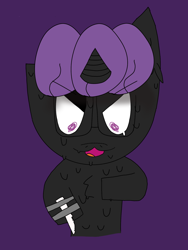 Size: 2254x2994 | Tagged: safe, artist:hexals, imported from derpibooru, oc, oc:peppaline hequeeb, unicorn, glasses, knife, melting, purple background, purple eyes, purple mane, simple background, solo, tape