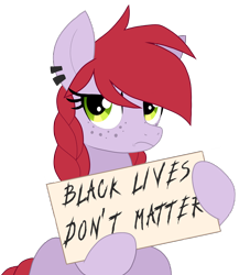 Size: 2000x2204 | Tagged: safe, artist:wingedwolf94, edit, editor:strifesnout, oc, oc:crab apple, earth pony, pony, braid, freckles, frown, piercing, politics, racism, sad, sign, simple background, solo, text, transparent background, vector