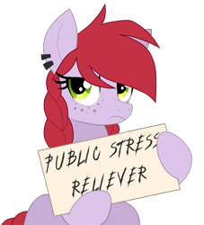 Size: 2000x2204 | Tagged: safe, artist:wingedwolf94, edit, editor:strifesnout, oc, oc:crab apple, earth pony, pony, braid, freckles, frown, implied public sex, piercing, sad, sign, simple background, solo, text, transparent background, vector