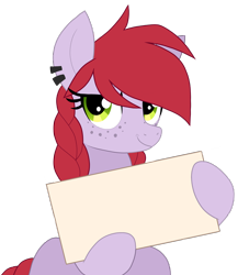 Size: 2000x2204 | Tagged: safe, artist:wingedwolf94, edit, editor:strifesnout, oc, oc:crab apple, earth pony, pony, braid, freckles, frown, happy, piercing, sign, simple background, solo, template, text, transparent background, vector