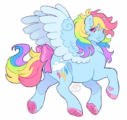 Size: 3524x3326 | Tagged: safe, artist:mysthooves, imported from derpibooru, rainbow dash, pegasus, pony, bow, eyebrows, eyebrows visible through hair, female, g1, g4, g4 to g1, generation leap, looking at you, looking back, looking back at you, mare, simple background, smiling, smiling at you, solo, spread wings, tail, tail bow, underhoof, white background, wings