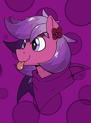 Size: 1780x2404 | Tagged: safe, artist:sefastpone, edit, editor:strifesnout, oc, oc only, abstract background, bust, clothes, cute, digital art, flower, multicolored hair, raffle prize, scarf, tongue out