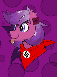 Size: 1780x2404 | Tagged: safe, artist:sefastpone, edit, editor:strifesnout, oc, oc only, abstract background, bust, clothes, cute, digital art, flower, multicolored hair, nazi, raffle prize, scarf, swastika, tongue out