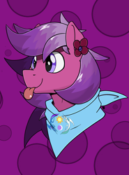 Size: 1780x2404 | Tagged: safe, artist:sefastpone, edit, editor:strifesnout, oc, oc only, abstract background, bust, clothes, cute, digital art, equestrian flag, flower, multicolored hair, raffle prize, scarf, tongue out