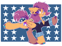 Size: 1150x860 | Tagged: safe, artist:mirtash, edit, editor:strifesnout, scootaloo, pegasus, pony, alternate cutie mark, bandaid, bandaid on nose, cute, cutealoo, ear piercing, earring, equestrian flag, grin, jewelry, older, older scootaloo, piercing, simple background, smiling, solo, unshorn fetlocks