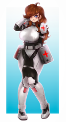 Size: 3775x7000 | Tagged: safe, artist:idatoygar, imported from derpibooru, oc, oc only, oc:dusty heartwood, earth pony, human, fallout equestria, adorasexy, armor, big breasts, blue eyes, breasts, brown mane, cute, doctor, facial scar, fallout equestria oc, humanized, humanized oc, medic, pigeon toed, red cross, scar, sexy, solo