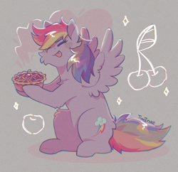 Size: 2381x2303 | Tagged: safe, artist:twinkesss, imported from derpibooru, rainbow dash, pegasus, pony, cheek fluff, cherry, eyes closed, female, food, high res, hoof hold, mare, pie, sitting, solo, spread wings, tongue out, wings