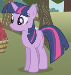 Size: 622x660 | Tagged: safe, imported from derpibooru, screencap, twilight sparkle, pony, unicorn, applebuck season, season 1, apple, apple basket, apple tree, basket, cropped, female, food, frown, grass, looking at someone, mare, sweet apple acres, tree, unicorn twilight