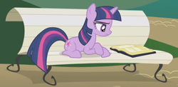 Size: 1172x574 | Tagged: safe, imported from derpibooru, screencap, twilight sparkle, pony, unicorn, griffon the brush off, season 1, annoyed, bench, book, cropped, crossed legs, dirt, female, lidded eyes, lying down, mare, prone, reading, unicorn twilight