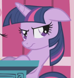 Size: 393x414 | Tagged: safe, imported from derpibooru, screencap, twilight sparkle, pony, unicorn, applebuck season, season 1, annoyed, cropped, floppy ears, frown, looking back, podium, unicorn twilight