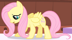 Size: 749x419 | Tagged: safe, imported from derpibooru, screencap, fluttershy, pegasus, green isn't your color, season 1, cropped, crouching, cute, female, frown, looking down, mare, open mouth, partially open wings, ponyville spa, shyabetes, standing, wings, worried