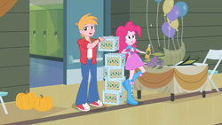 Size: 1920x1080 | Tagged: safe, imported from derpibooru, screencap, big macintosh, pinkie pie, equestria girls, apple cider, boots, bottlecap, clothes, cornucopia, gym, pumpkin, shoes