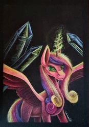 Size: 1107x1595 | Tagged: safe, artist:cahandariella, imported from derpibooru, princess cadance, queen chrysalis, alicorn, changeling, changeling queen, black background, colored pencil drawing, crystal, fake cadance, female, looking at someone, magic, newbie artist training grounds, simple background, solo, spread wings, traditional art, wings