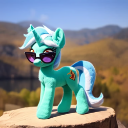 Size: 768x768 | Tagged: safe, imported from derpibooru, lyra heartstrings, pony, unicorn, ai content, ai generated, day, female, full body, generator:purplesmart.ai, generator:stable diffusion, irl, mare, outdoors, photo, plushie, prompter:nightluna, solo, standing, sunglasses, wrong cutie mark