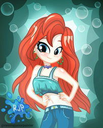 Size: 2015x2490 | Tagged: safe, artist:rjp.rammy, imported from derpibooru, human, equestria girls, bare shoulders, belly button, bubble, chelsea, chelsea the mermaid, clothes, crossover, ear piercing, earring, equestria girls style, equestria girls-ified, hand on hip, jewelry, looking at you, necklace, pants, piercing, ruby gillman: teenage kraken, smiling, smiling at you, solo, tanktop