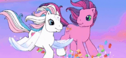 Size: 600x275 | Tagged: safe, imported from derpibooru, screencap, skywishes, star catcher, butterfly, pony, dancing in the clouds, animated, cloud, cropped, duo, female, flying, g3, gif, header, looking at each other, looking at someone, shipping, shipping fuel, skycatcher, talking, windswept mane