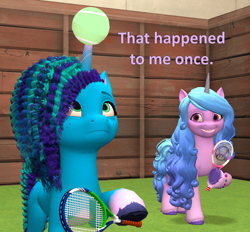 Size: 1166x1080 | Tagged: safe, artist:red4567, imported from derpibooru, izzy moonbow, pony, unicorn, 3d, atg 2023, ball, duo, female, g5, horn, horn impalement, izzy's tennis ball, mare, mario tennis, misty brightdawn, newbie artist training grounds, open mouth, source filmmaker, tennis ball, tennis racket, unshorn fetlocks