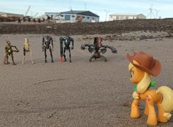 Size: 2245x1642 | Tagged: safe, artist:dingopatagonico, imported from derpibooru, applejack, earth pony, b1 battle droid, b2 super battle droid, beach, cis, confederacy of independent systems, droid, droideka, geonosian soldier, photo, star wars