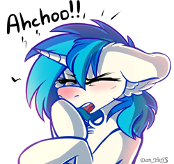 Size: 2094x1970 | Tagged: safe, artist:yuris, imported from derpibooru, dj pon-3, vinyl scratch, pony, unicorn, commission, eyes closed, open mouth, simple background, sketch, sneezing, solo, white background