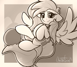 Size: 1083x940 | Tagged: safe, artist:llametsul, imported from derpibooru, fluttershy, pegasus, pony, atg 2023, buckball, confident, female, flying, mare, monochrome, newbie artist training grounds, prehensile tail, signature, solo, spread wings, tail, wings