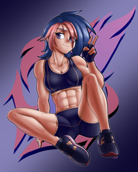 Size: 2640x3300 | Tagged: safe, artist:twigpaste, imported from derpibooru, oc, oc only, oc:archer, human, abs, cutie mark, gradient background, humanized, humanized oc, peace sign, solo