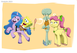 Size: 2048x1432 | Tagged: safe, artist:vinilyart, imported from derpibooru, izzy moonbow, earth pony, octopus, pony, unicorn, bubble, crossover, female, g5, male, mare, my little pony: tell your tale, open mouth, open smile, posey bloom, posey bloom is not amused, riding, smiling, spongebob squarepants, spongebob squarepants (character), squidward tentacles, unamused