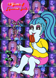 Size: 1644x2300 | Tagged: safe, artist:puffydearlysmith, derpibooru exclusive, imported from derpibooru, sonata dusk, equestria girls, rainbow rocks, balloon, barefoot, clothes, equestria girls 10th anniversary, feet, female, food, looking at you, ponytail, popsicle, skirt