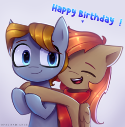 Size: 2800x2840 | Tagged: safe, artist:opal_radiance, imported from derpibooru, oc, oc only, earth pony, pegasus, pony, commission, duo, happy birthday, hug