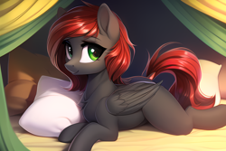 Size: 3072x2048 | Tagged: safe, imported from derpibooru, oc, oc only, oc:relevé fluer, pegasus, pony, ai content, ai generated, blanket, cute, female, generator:novelai, generator:stable diffusion, lying down, pegasus oc, pegasus wings, pillow, pillow fort, prompter:flitter4935, smiling, solo, wings