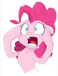 Size: 1080x1424 | Tagged: safe, artist:streamvolume, imported from derpibooru, pinkie pie, earth pony, horrified, scared, simple background, solo