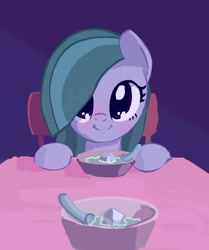 Size: 1568x1876 | Tagged: safe, artist:mandumustbasukanemen, imported from derpibooru, marble pie, earth pony, pony, blushing, bowl, chair, cute, female, food, looking at you, marblebetes, mare, offscreen character, pov, rock soup, smiling, smiling at you, solo, soup