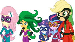 Size: 1185x674 | Tagged: safe, artist:pascalmulokozi2, edit, edited screencap, imported from derpibooru, screencap, applejack, fluttershy, rarity, sci-twi, sunset shimmer, twilight sparkle, human, equestria girls, movie magic, spoiler:eqg specials, clothes, costume, power ponies, simple background, transparent background