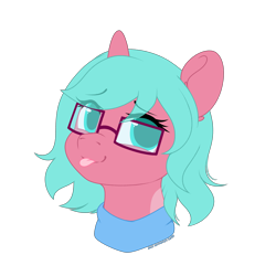 Size: 3000x3000 | Tagged: safe, artist:xcinnamon-twistx, imported from derpibooru, oc, oc:nano(nanopone), :p, bust, clothes, commission, eye clipping through hair, female, glasses, looking at you, scarf, sketch, solo, tongue out