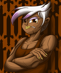 Size: 2100x2500 | Tagged: safe, artist:sixes&sevens, imported from derpibooru, gilda, fanfic:the sunset archives, equestria girls, angry, clothes, crossed arms, fanfic art, female, knife, looking at you, muscles, muscular female, painted nails, scar, tanktop