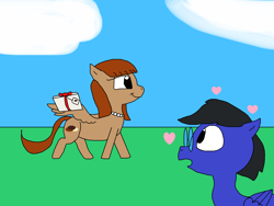 Size: 2000x1500 | Tagged: safe, artist:blazewing, imported from derpibooru, oc, oc only, oc:blazewing, oc:pecan sandy, pegasus, atg 2023, box, chubby, cloud, cookie, drawpile, female, floating heart, food, grass, heart, jewelry, male, mare, necklace, newbie artist training grounds, open mouth, pearl necklace, smiling, stallion, walking