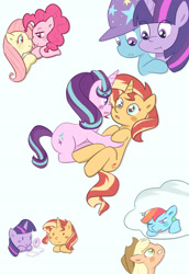 Size: 2370x3444 | Tagged: safe, artist:qizhi_nobori, imported from derpibooru, applejack, fluttershy, pinkie pie, rainbow dash, starlight glimmer, sunset shimmer, trixie, twilight sparkle, human, equestria girls, appledash, blushing, clothes, female, flutterpie, lesbian, open mouth, shimmerglimmer, shipping, simple background, smiling, sunsetsparkle