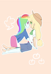 Size: 2370x3444 | Tagged: safe, artist:qizhi_nobori, imported from derpibooru, applejack, rainbow dash, human, equestria girls, appledash, barefoot, clothes, feet, female, lesbian, shipping, simple background, sitting, smiling