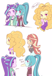 Size: 2370x3444 | Tagged: safe, artist:qizhi_nobori, imported from derpibooru, adagio dazzle, aria blaze, sonata dusk, sunset shimmer, human, equestria girls, blushing, clothes, cute, simple background, smiling, text, the dazzlings