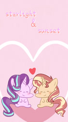 Size: 690x1227 | Tagged: safe, artist:qizhi_nobori, imported from derpibooru, starlight glimmer, sunset shimmer, human, equestria girls, chibi, clothes, cute, duo, eyes closed, female, heart, lesbian, shimmerglimmer, shipping, simple background, sitting, text