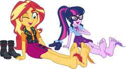 Size: 7831x4329 | Tagged: safe, artist:n0kkun, edit, imported from derpibooru, sci-twi, sunset shimmer, twilight sparkle, human, equestria girls, equestria girls series, adorasexy, barefoot, boots, clothes, cute, feather, feet, fetish, foot fetish, foot focus, foot tickling, foot worship, geode, glasses, laughing, one eye closed, open mouth, open smile, sexy, shoes, shoes removed, simple background, sitting, skirt, smiling, soles, solo, tickle fetish, tickling, toes, transparent background, twiabetes, vector