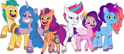 Size: 1602x697 | Tagged: safe, imported from derpibooru, hitch trailblazer, izzy moonbow, pipp petals, sunny starscout, zipp storm, earth pony, pegasus, pony, unicorn, 2024 franchise overview, alternate new mane six (g5), bag, bracelet, coat markings, diadem, female, fluttershy's cutie mark, freckles, friendship bracelet, g5, grin, headband, hoof heart, jewelry, looking at you, male, mane five (g5), mane stripe sunny, mare, misty brightdawn, my little pony: tell your tale, official, open mouth, open smile, pale belly, raised hoof, regalia, saddle bag, sash, simple background, smiling, smiling at you, socks (coat markings), stallion, standing, transparent background, twilight sparkle's cutie mark, underhoof, unshorn fetlocks