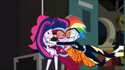 Size: 3072x1727 | Tagged: safe, imported from derpibooru, screencap, fili-second, masked matter-horn, pinkie pie, rainbow dash, sci-twi, twilight sparkle, zapp, human, equestria girls, movie magic, spoiler:eqg specials, eyes closed, female, frown, hug, implied kissing, power ponies, smiling, trio, trio female