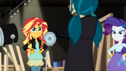 Size: 3072x1727 | Tagged: safe, imported from derpibooru, screencap, juniper montage, rarity, sunset shimmer, human, equestria girls, movie magic, spoiler:eqg specials, bracelet, clothes, cutie mark, cutie mark on clothes, female, hairpin, hand on hip, jacket, jewelry, leather, leather jacket, trio, trio female