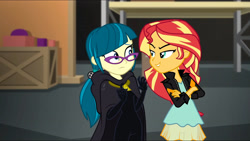 Size: 3072x1727 | Tagged: safe, imported from derpibooru, screencap, juniper montage, sunset shimmer, human, equestria girls, movie magic, spoiler:eqg specials, clothes, crossed arms, duo, duo female, female, frown, glasses, jacket, leather, leather jacket, lip bite, smiling