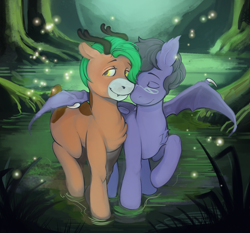 Size: 4268x3984 | Tagged: safe, artist:sprout, imported from derpibooru, oc, oc:prpout, bat pony, deer, pony, gay, male