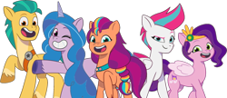 Size: 1874x809 | Tagged: safe, imported from derpibooru, hitch trailblazer, izzy moonbow, pipp petals, sunny starscout, zipp storm, earth pony, pegasus, pony, unicorn, 2024 franchise overview, female, g5, male, mane five (g5), mane stripe sunny, mare, my little pony: tell your tale, official, simple background, stallion, transparent background