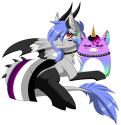 Size: 2903x3000 | Tagged: safe, alternate version, artist:melodytheartpony, imported from derpibooru, oc, oc:melody silver, dracony, dragon, hybrid, pony, asexual, asexual pride flag, barbs, bat wings, beauty mark, blushing, choker, collar, eyes closed, fangs, feathered wings, female, feral, happy, heart, horns, looking at you, lying down, piercing, pride, pride flag, pride month, sexual orentation, signature, simple background, smiling, spiked choker, spread wings, squishmallow, unicorn plush, white background, wings